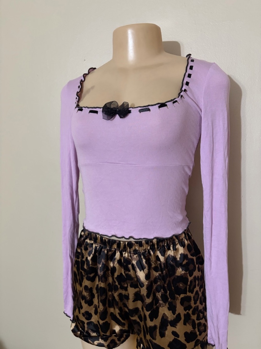 Urban Outfitters Lavender Square Neck Ruffled Long Sleeve Top with Black Bow